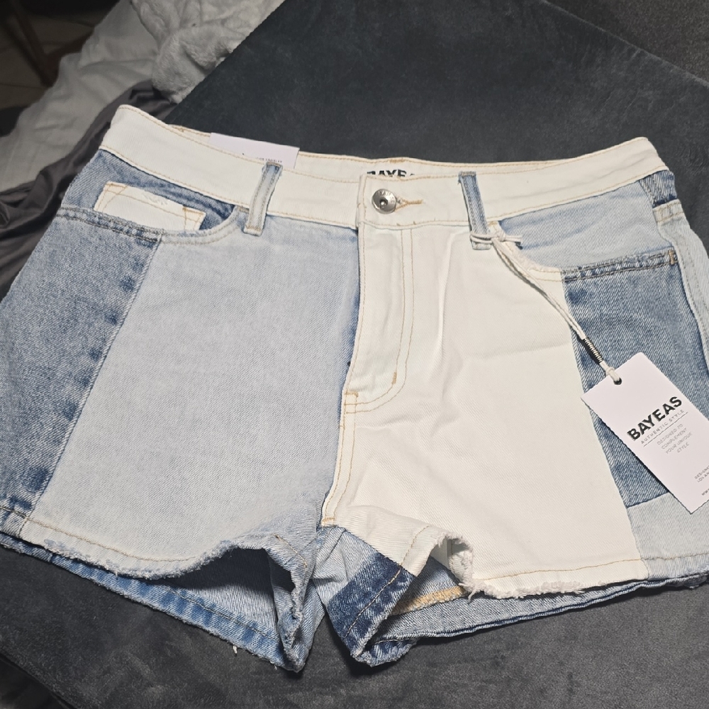 Blue and Cream Jean Shorts with Color-Block Design
